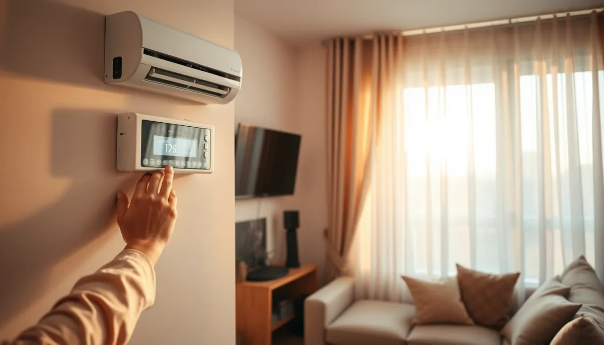 Main réglant le thermostat d'une climatisation réversible dans un salon d'appartement de 60 m²