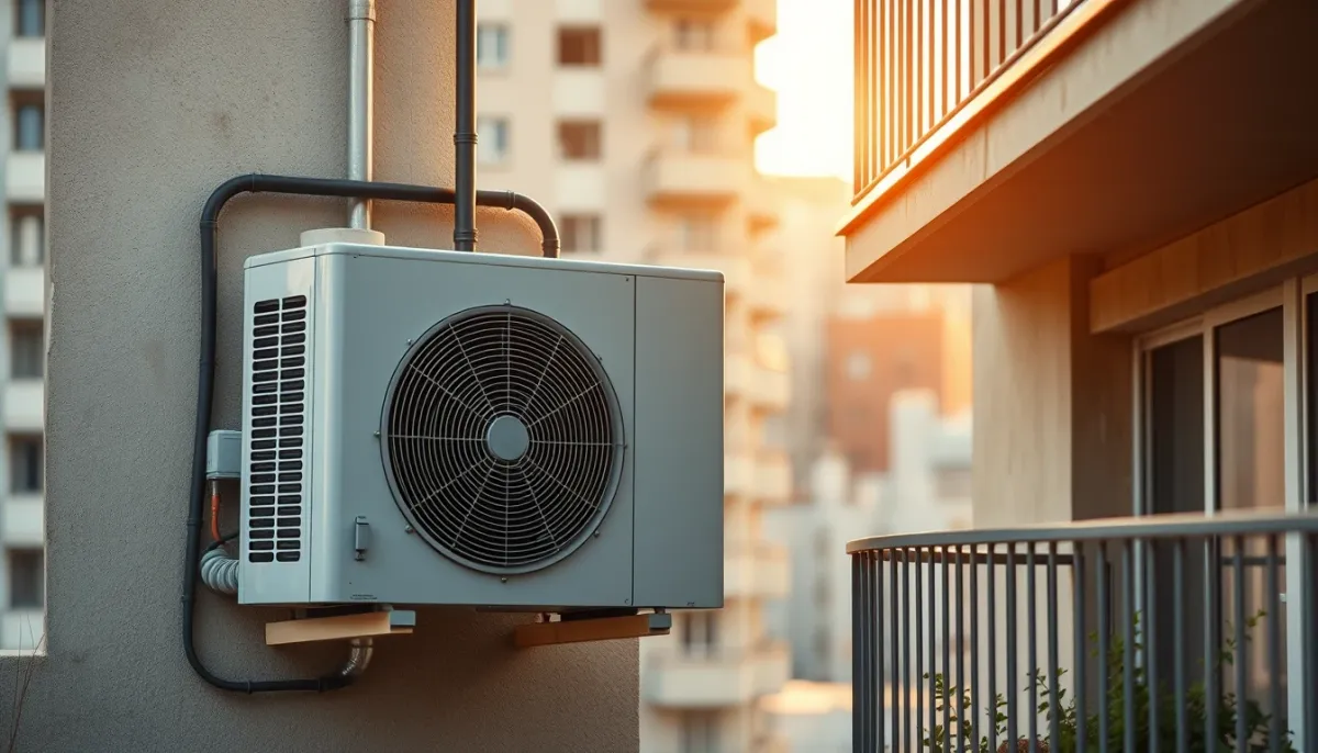 Unité extérieure d'une climatisation réversible installée sur le balcon d'un appartement urbain