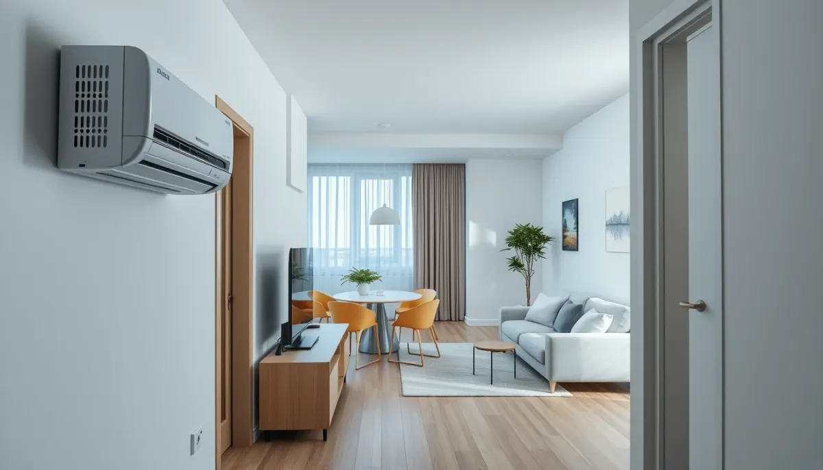 Vue d'ensemble d'un appartement de 60 m² équipé d'une climatisation réversible dans le séjour