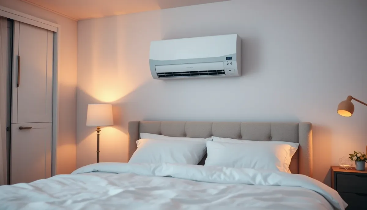 Chambre apaisée au crépuscule avec un climatiseur silencieux en fonctionnement