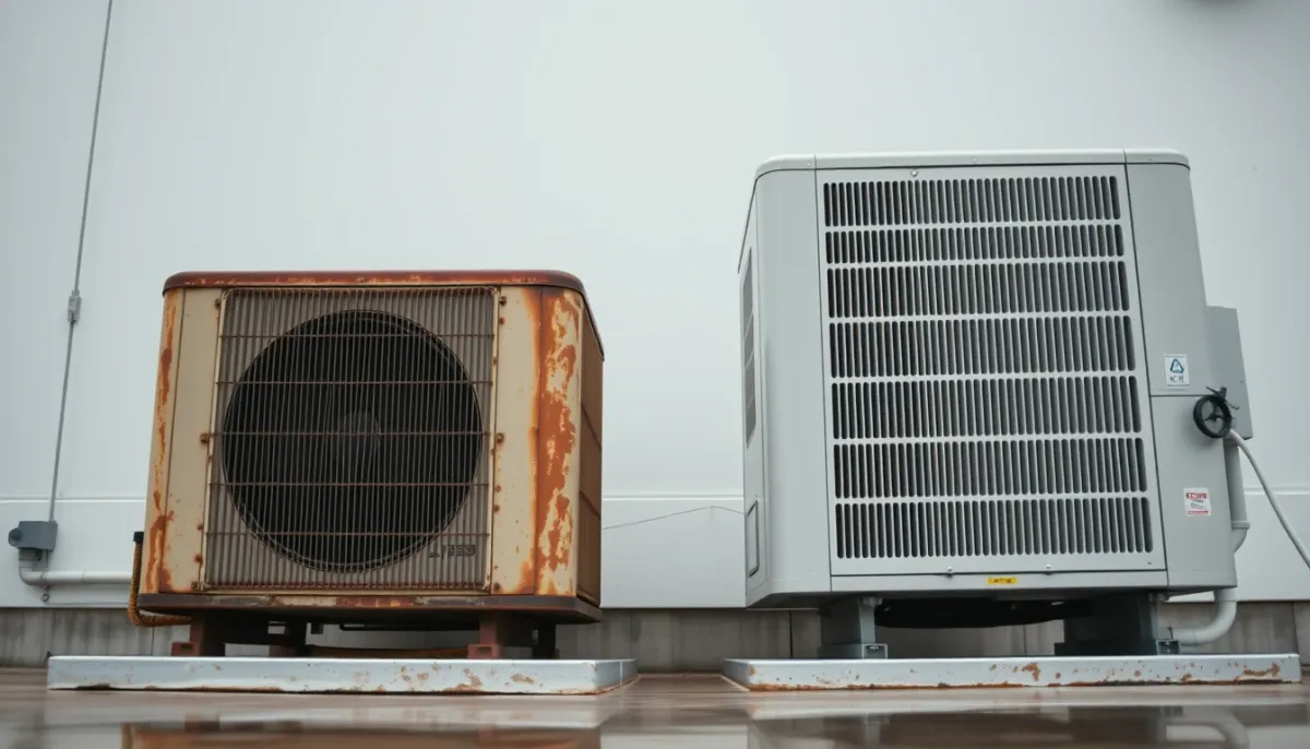 Comparaison entre une ancienne unité extérieure usée et une neuve