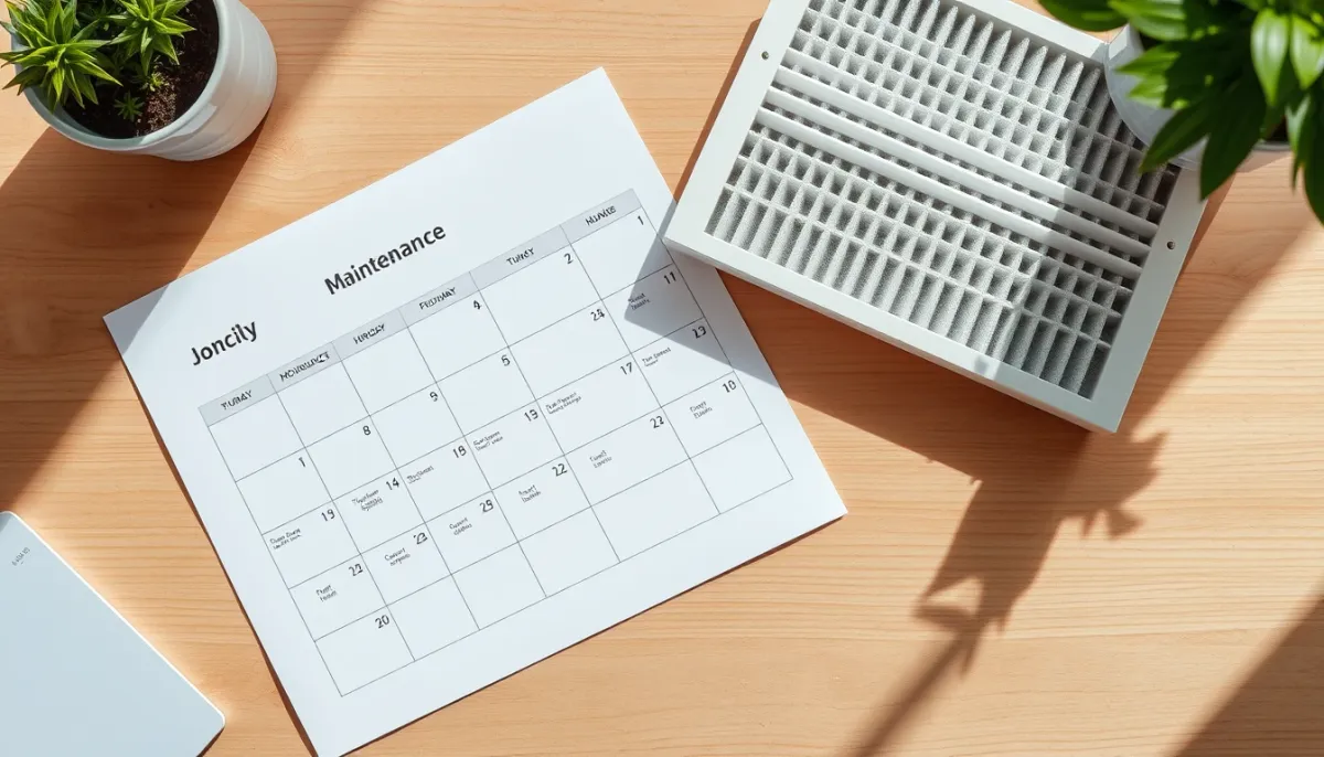 Calendrier d'entretien mensuel et filtre à air propre sur une table