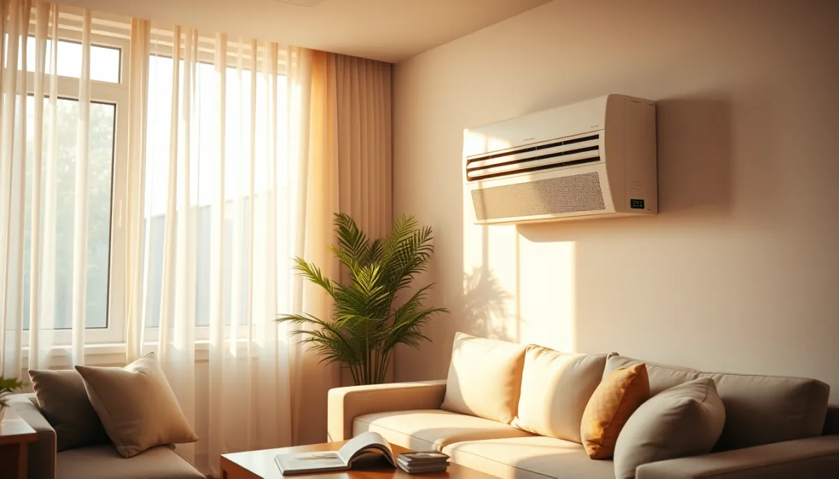 Salon confortable climatisé par une unité réversible murale en fonctionnement