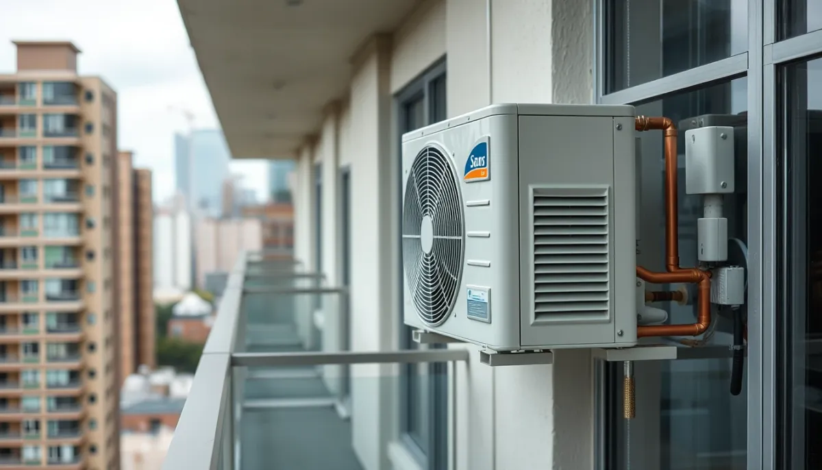 Unité extérieure de climatisation réversible installée sur un balcon d'immeuble