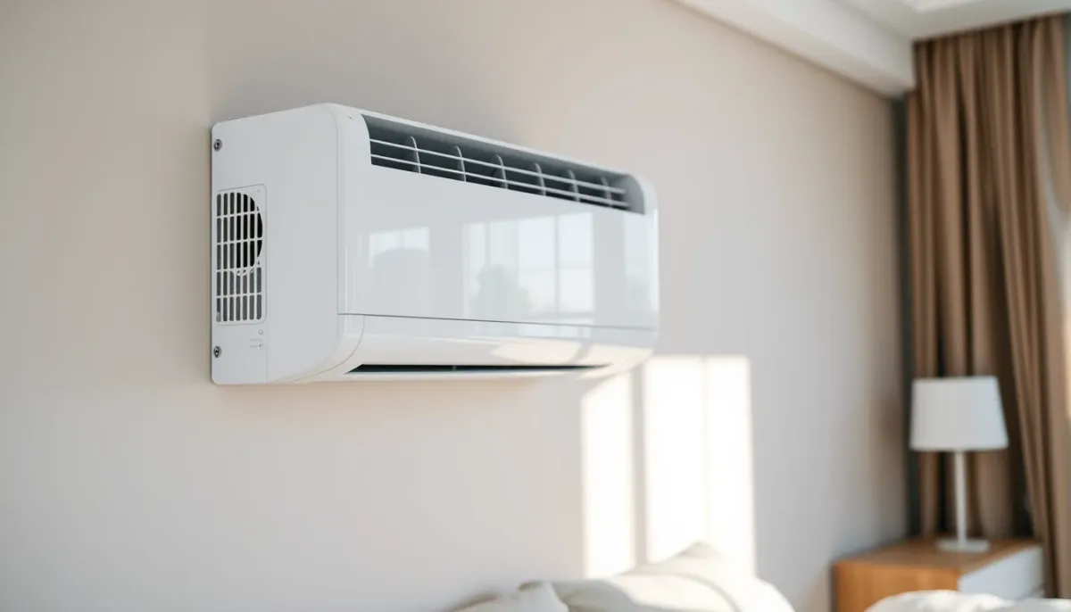 Unité intérieure de climatisation réversible fixée au mur d'une chambre à coucher