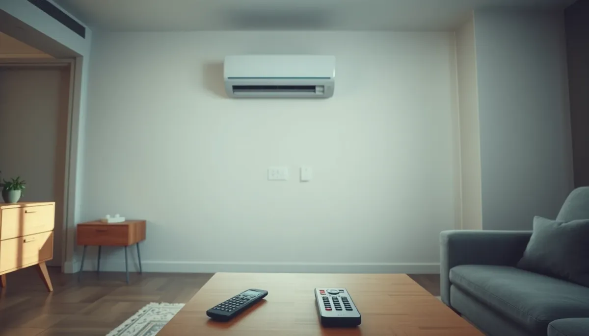 Intérieur d'appartement moderne avec climatisation réversible et télécommande
