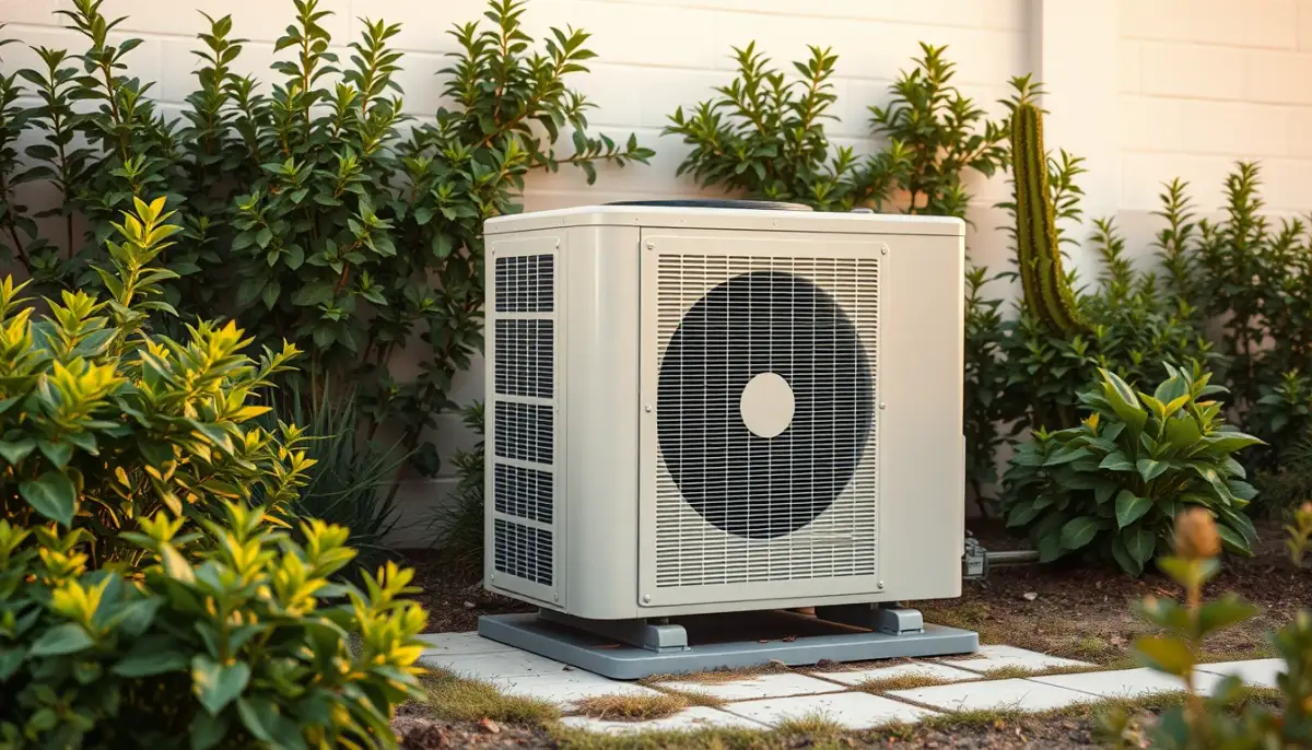 Unité extérieure de climatisation entretenue dans un jardin