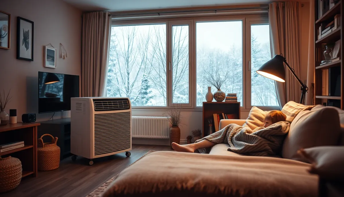 Climatisation réversible en mode chauffage dans un salon confortable en hiver