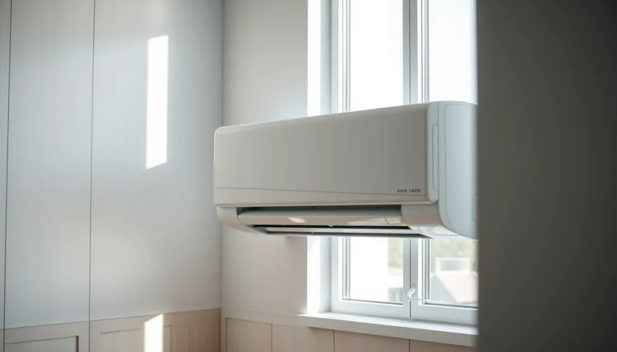 Unité murale de climatisation réversible blanche et design dans un intérieur minimaliste