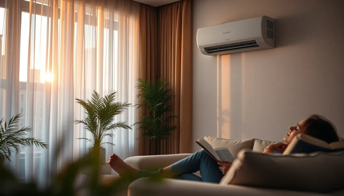 Personne se détendant dans un salon climatisé avec une unité murale en fonctionnement