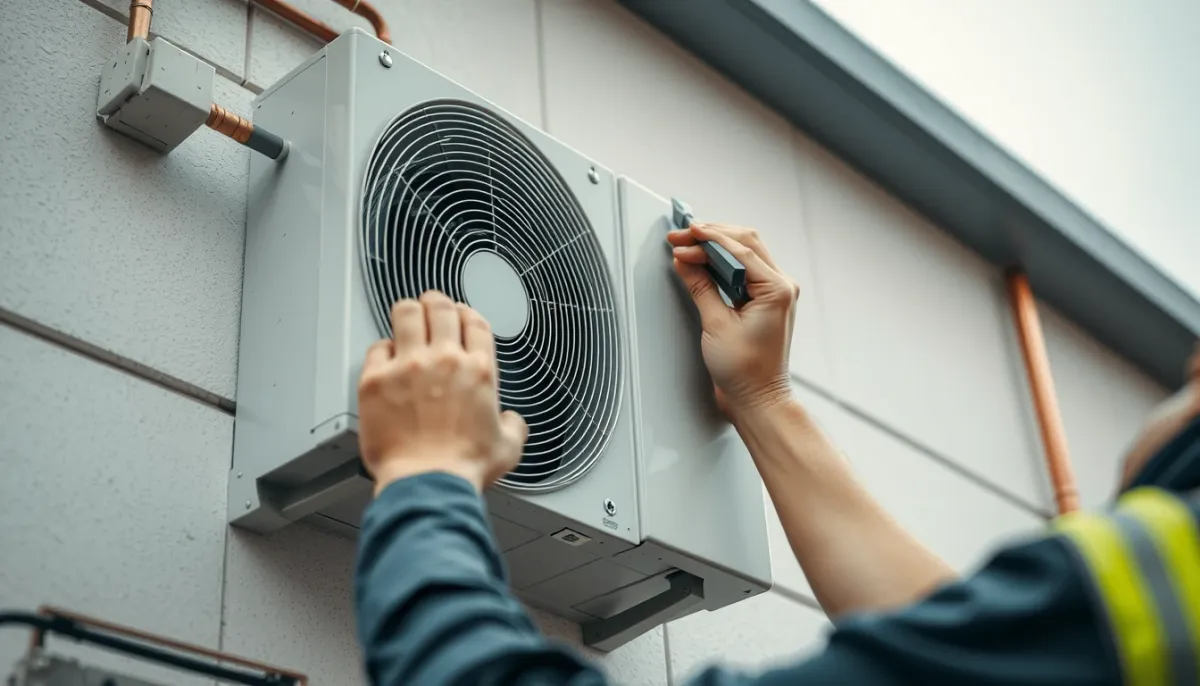 Installation d'une unité extérieure de climatisation sur une façade par un technicien