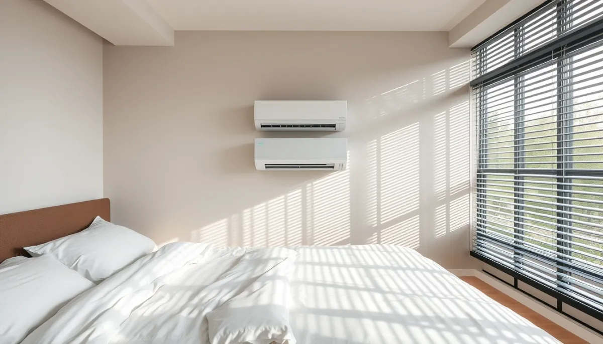 Chambre à coucher moderne avec climatisation réversible murale discrète