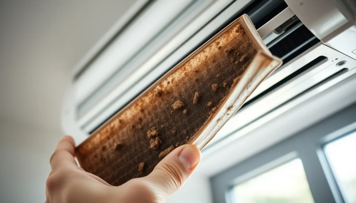Filtre de climatiseur encrassé retiré de l'unité intérieure pour nettoyage
