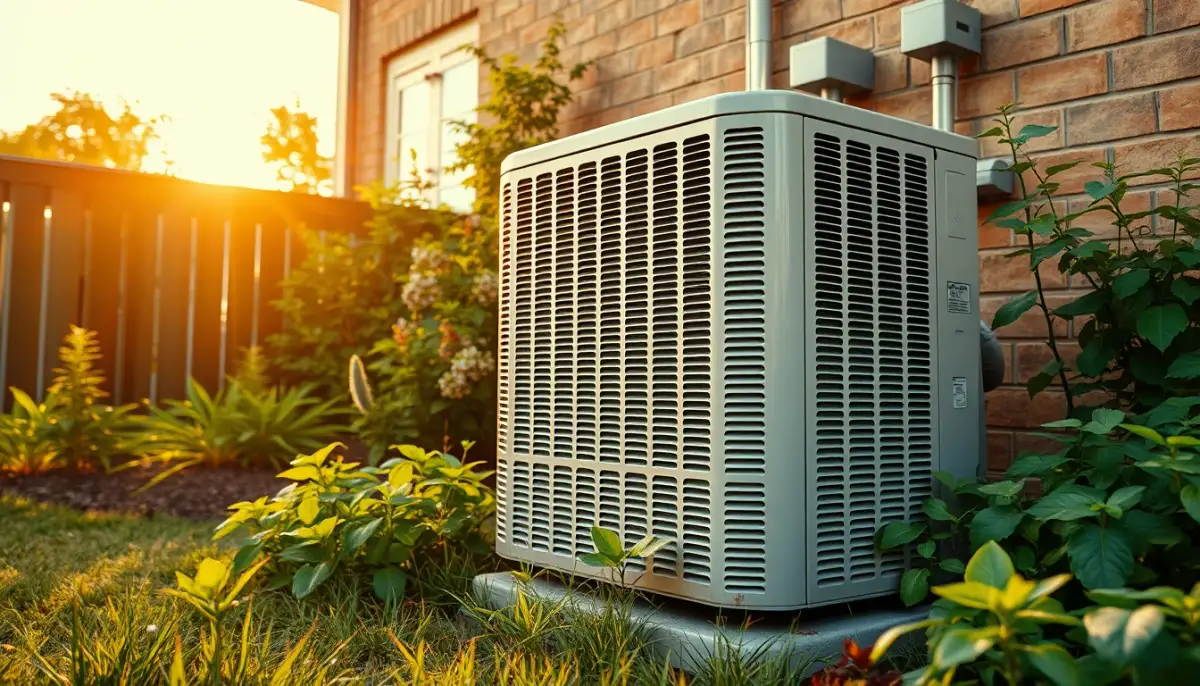 Unité extérieure de climatisation entretenue dans un jardin résidentiel