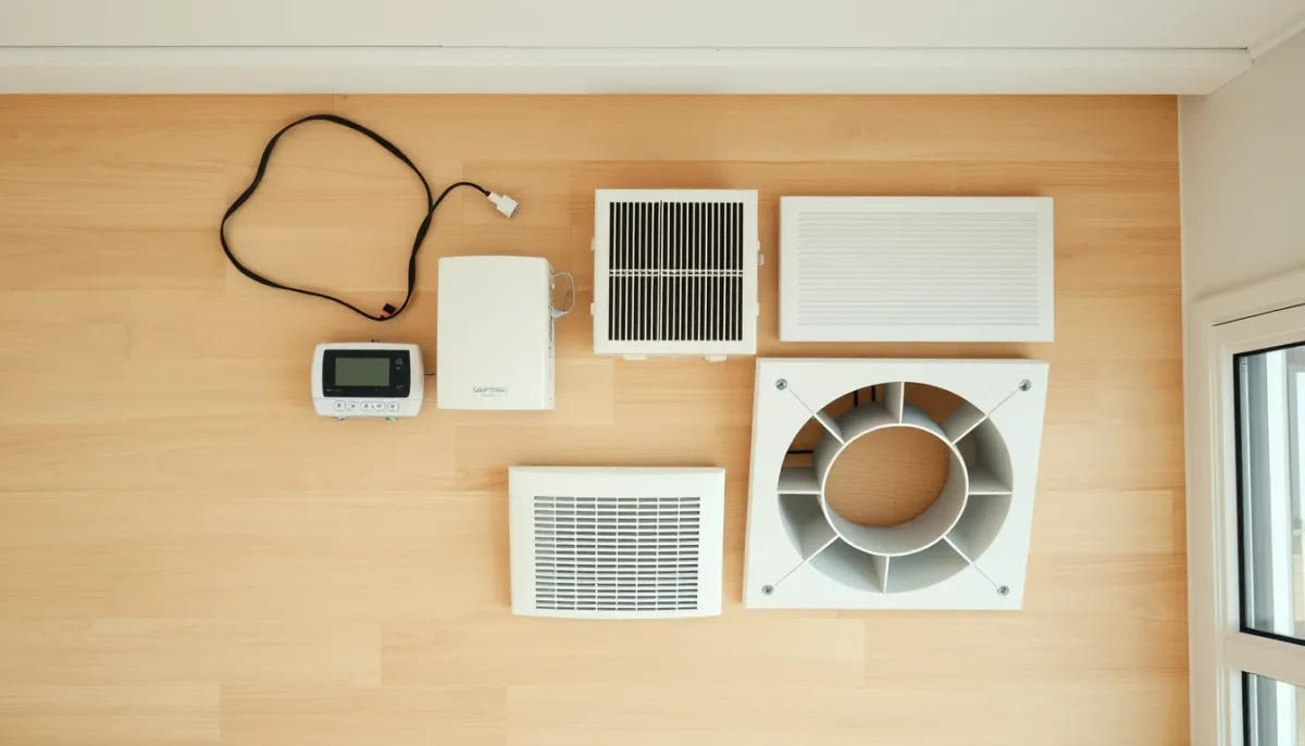 Composants d'une zone de gainable : thermostat, servomoteur, bouche de soufflage et grille de reprise