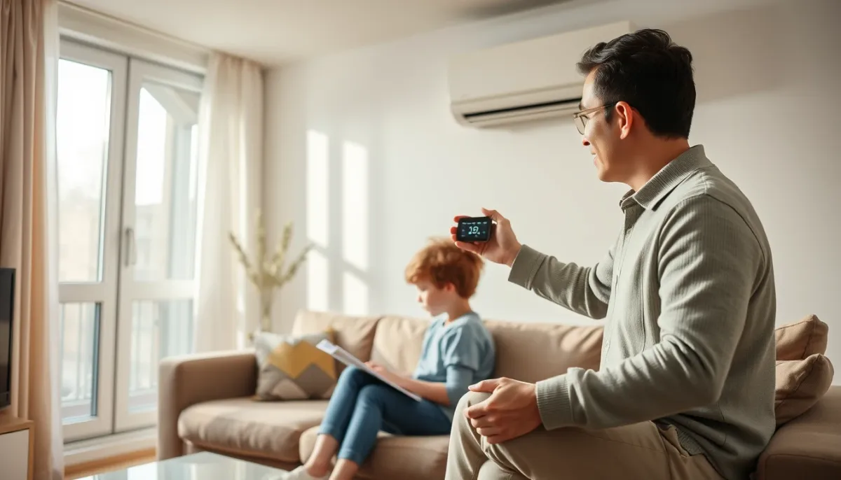 Réglage d'un thermostat de gainable dans un salon familial lumineux
