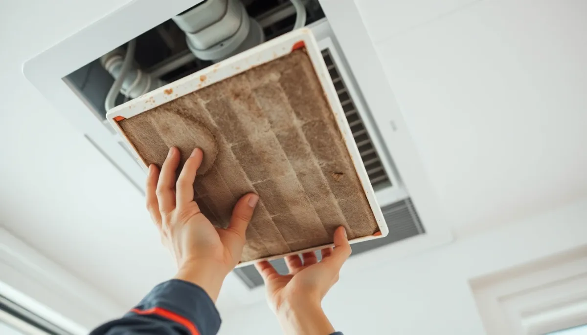 Nettoyage d'un filtre de climatisation gainable encrassé