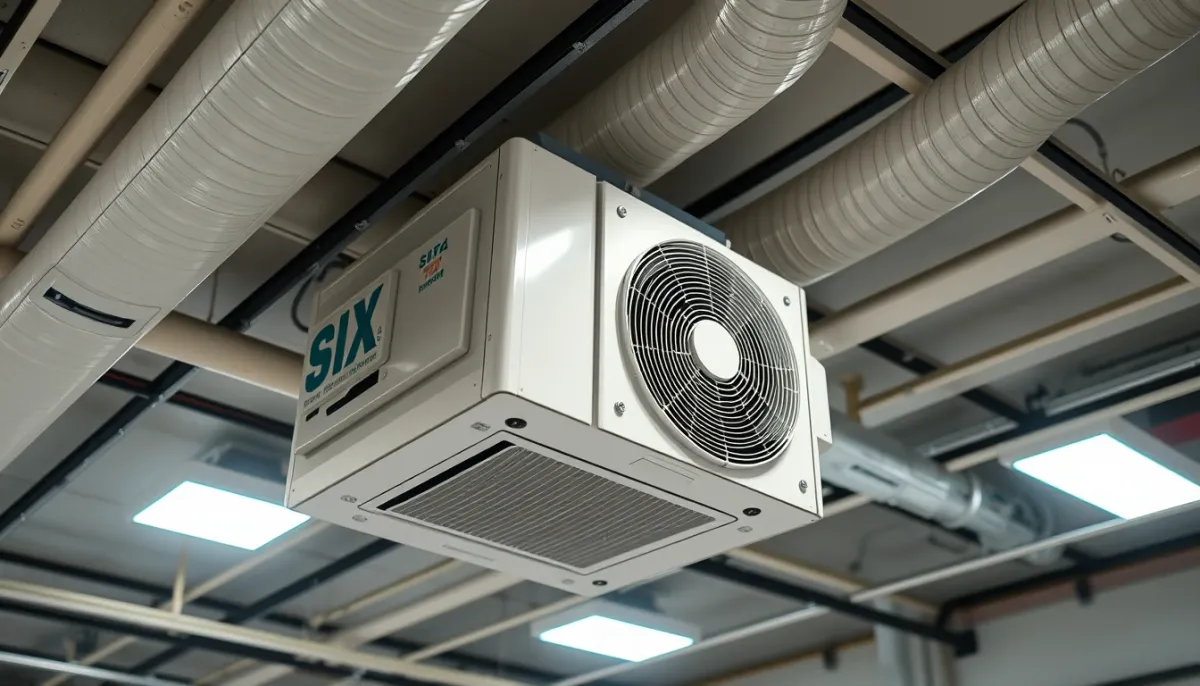 Unité intérieure gainable ultra-plate installée dans un faux plafond avec gaines isolées