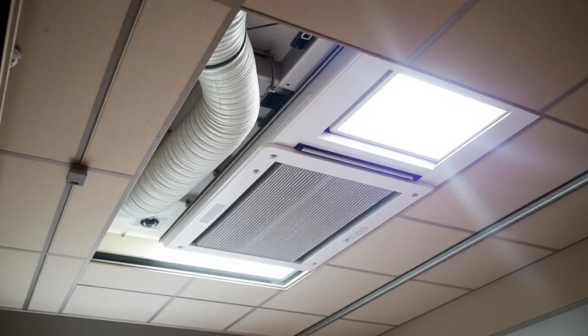 Installation d'une clim gainable dans un faux plafond : gaines et fixations visibles