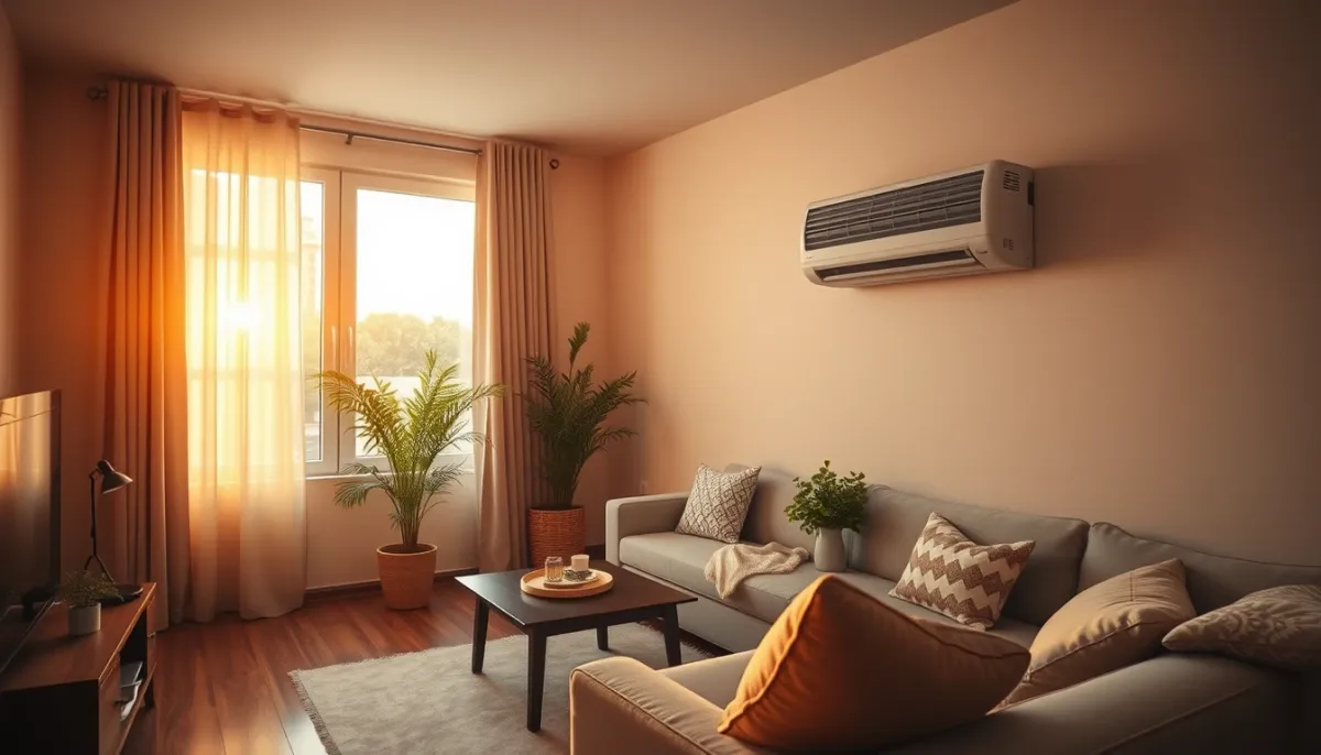 Salon d'appartement confortable avec climatiseur mural en fonctionnement et lumière dorée