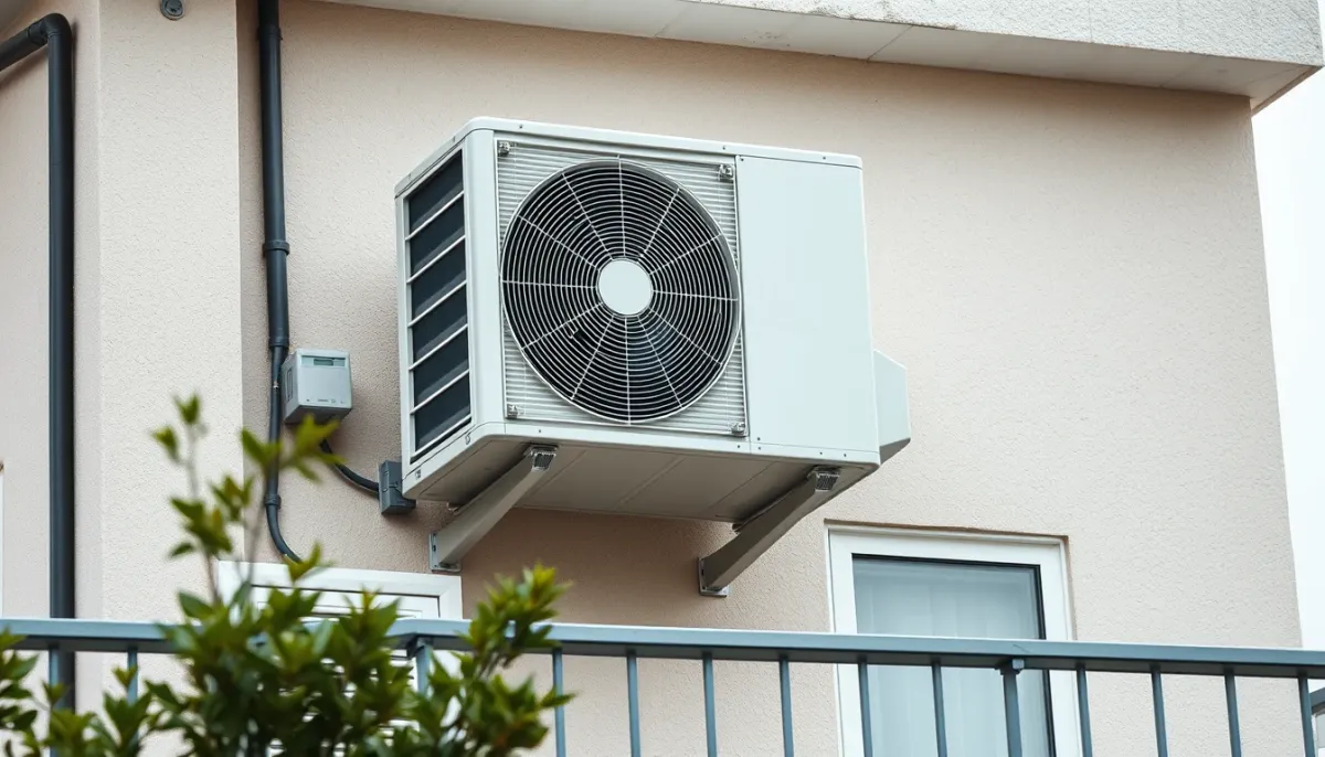 Unité extérieure de climatisation installée sur un balcon d'immeuble résidentiel