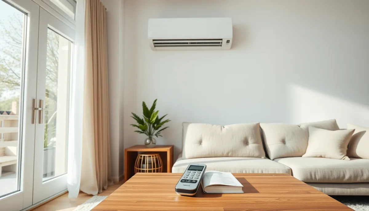 Télécommande de climatisation posée sur une table basse dans un salon moderne avec clim murale