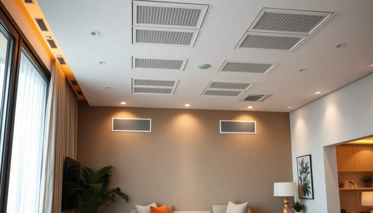 Grilles de soufflage d'une climatisation gainable Daikin réparties dans un salon