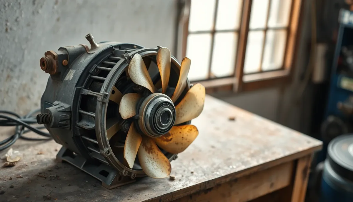 Moteur de ventilateur de climatisation gainable usé posé sur un établi