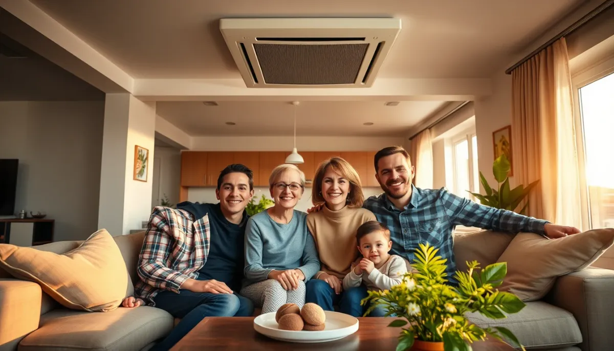 Famille profitant d'un confort optimal grâce à une clim gainable adaptée à leur maison à étage