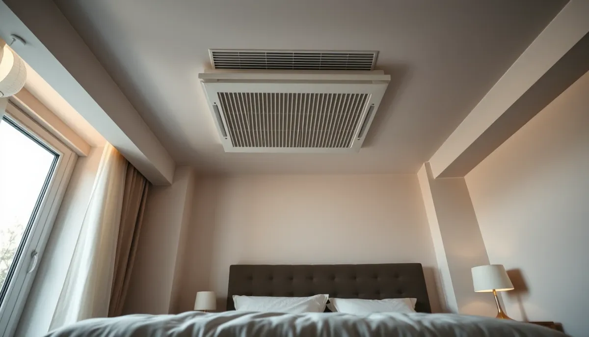 Bouche de soufflage discrète dans un plafond de chambre à coucher